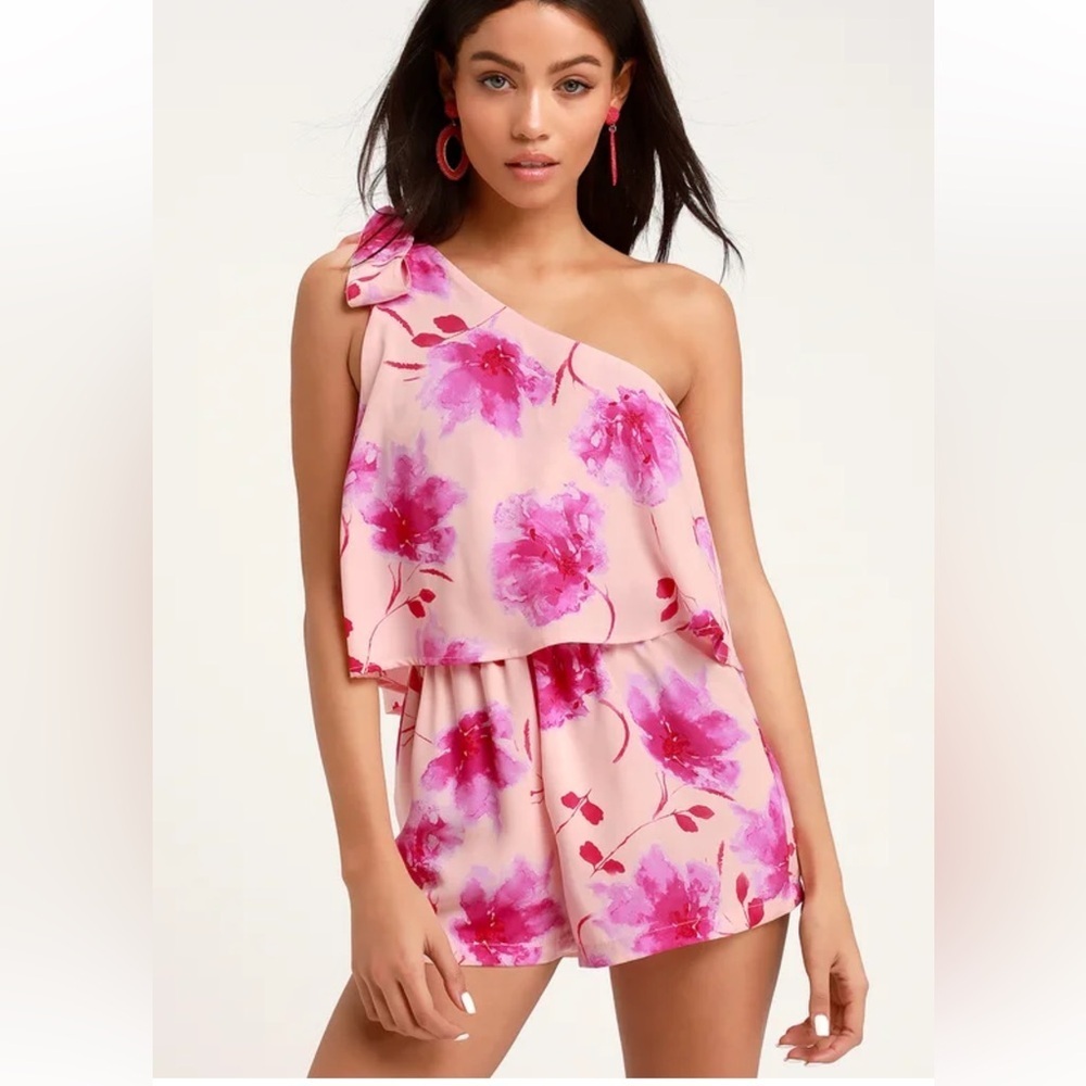 Lulus One-Shoulder Pink floral Romper XS - Picture 3 of 8